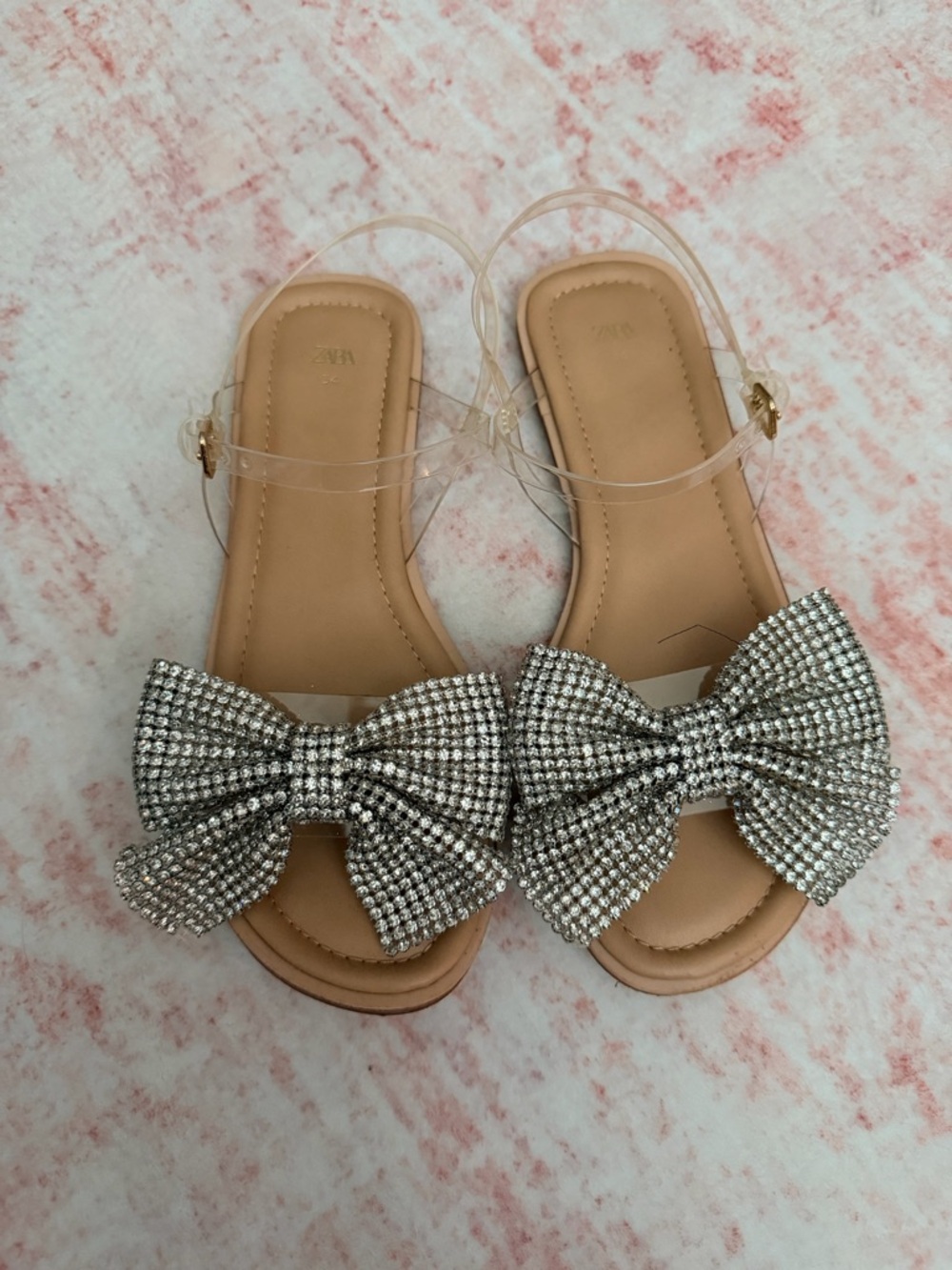 Zara Tan Sandals with Silver Rhinestone Bow